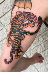 男生大臂上彩绘抽象线条小动物蛇和老虎纹身图片