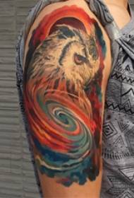 大臂纹身图 男生大臂上彩色的猫头鹰纹身图片