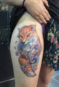 Little animal tattoo girl's thigh flower and fox tattoo picture