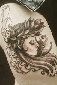 Stehno tradičné tetovanie dievča stehno na čiernom portrét tetovanie obrázku