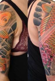 Калмар линия татуировка момиче голяма ръка върху цветя и калмари татуировка снимка
