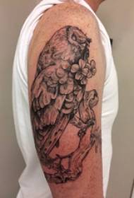 დიდი მკლავების ტატულის წყვილი ბიჭი დიდი მკლავი ყვავილებზე და owl tattoo- ის სურათები