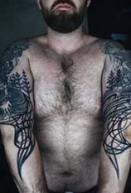 Қара симметриялы пейзаждық тату-суреттерге қос қолды үлкен ерлердің татуировкасы