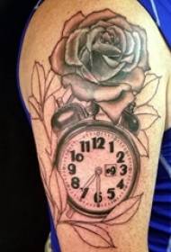 Boys big arms on black pricks geometric abstract lines flowers and clock tattoo pictures