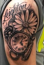 Black minimalist tattoo male with arms on flower and clock tattoo picture
