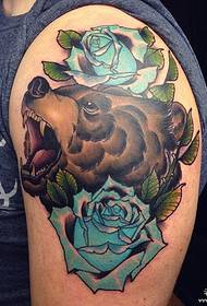 Big arm European and American bear head rose school tattoo pattern