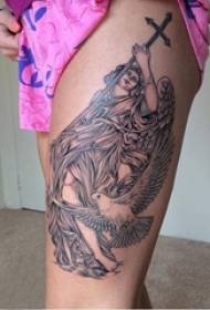 Thigh tattoo tradition girl thigh on white dove and character tattoo picture