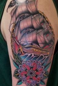 Double big arm tattoos male big arm on flowers and sailing tattoo pictures