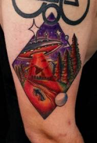 Geometric elements tattoos boys big arms on landscape and flying saucer tattoo pictures