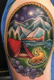 Landscape tattoo, boy's arm, painted landscape, tattoo picture