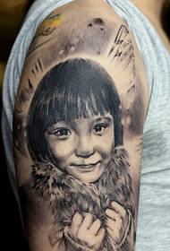 Kindly father has a portrait of a woman with a tattoo on her arms