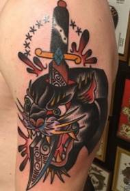 Big arm old school black panther head dagger tattoo pattern