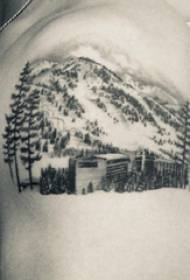 Dviguba rankos tatuiruotė su didelėmis rankomis ant juodo kraštovaizdžio tatuiruotės paveikslėlio