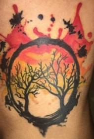 Tree tattoo, boy's thigh, colored tree tattoo picture