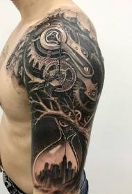 Tatuaje de personalidad de árbol de reloj de arena mecánico de brazo grande 3d