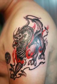 Classic domineering fire unicorn arm tattoo