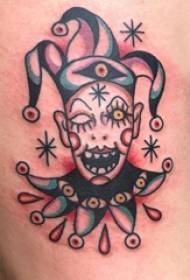 Tatuaggio del pagliaccio, immagine divertente del tatuaggio del pagliaccio sulla coscia del ragazzo