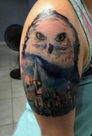 Gadis tato lengan ganda lengan besar pada bangunan dan gambar tato burung hantu
