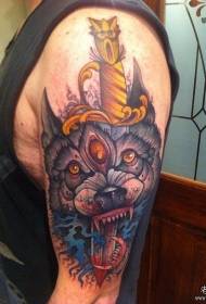 Big arm school wolf head dagger tattoo pattern