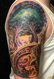 Иллюстрация татуировки большой руки мужской большой руки на красочной картинке татуировки большого дерева