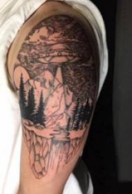 Double big arm tattoos male big arm on saucer and landscape scenery tattoo pictures