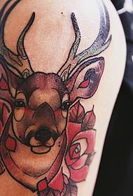 Big arm color bright rose deer tattoo pattern