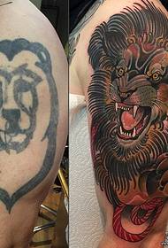 大臂欧美狮子遮盖纹身图案
