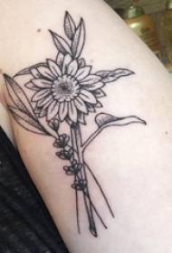 Black gray realistic tattoo, male big arm, small fresh plant tattoo picture
