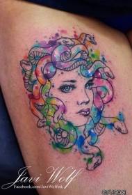 Thigh color splashing Medusa tattoo pattern