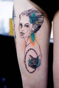 Аяқтың эскизі стиліндегі түрлі-түсті әйелдер портреті татуировкасы