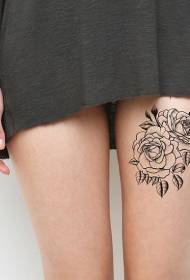 Simple black line flower thigh tattoo pattern