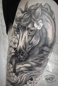 Engraving style black lines cute horse tattoo pattern