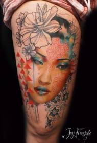 Thigh japanese style female portrait with flower tattoo pattern