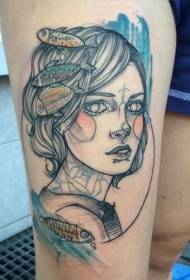 Thigh sketch wind color girl and fish tattoo pattern