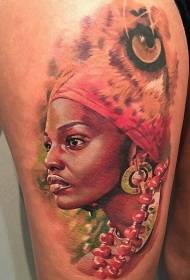 Leg photo like colored big tribe woman portrait tattoo