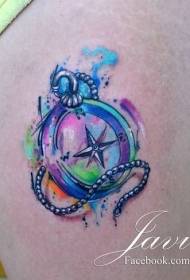 Thigh splash ink compass color tattoo pattern