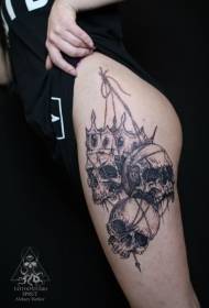 Thigh engraving style black human skull with crown tattoo pattern