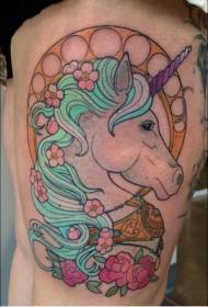 Thigh old school natural colored unicorn flower tattoo pattern