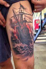 Colorful ornate sailboat tattoo pattern on the legs