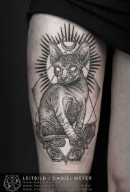 Thigh black and white hairless cat geometric tattoo pattern
