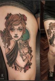 Thigh old school colored cat and woman tattoo pattern