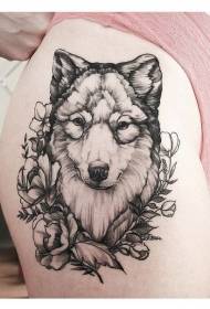 Estilo de grabado del muslo flores negras patrón de tatuaje de cabeza de lobo