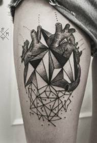 Thigh geometric style black and white heart tattoo pattern