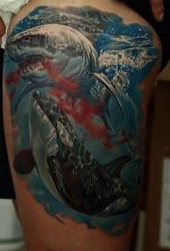 Padrão de tatuagem de baleia sangrenta colorida estilo de cor realista