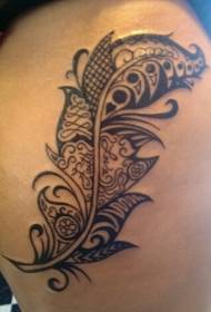 Thigh wonderful curly grey ink feather tattoo pattern