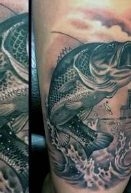 Thigh very realistic black gray big fish with lighthouse tattoo pattern