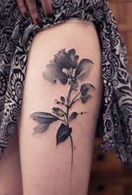 Patrón de tatuaxe de coxa flor de acuarela negra gris