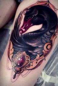Thigh black swan and jewel tattoo pattern