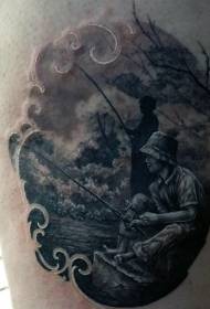 Amazing realistic black ash fishing family thigh tattoo pattern