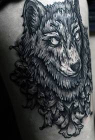 Engraving style black line wolf tattoo pattern